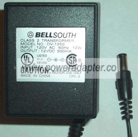 BELLSOUTH DV-1250 AC ADAPTER 12VDC 500MA POWER SUPPLY - Click Image to Close